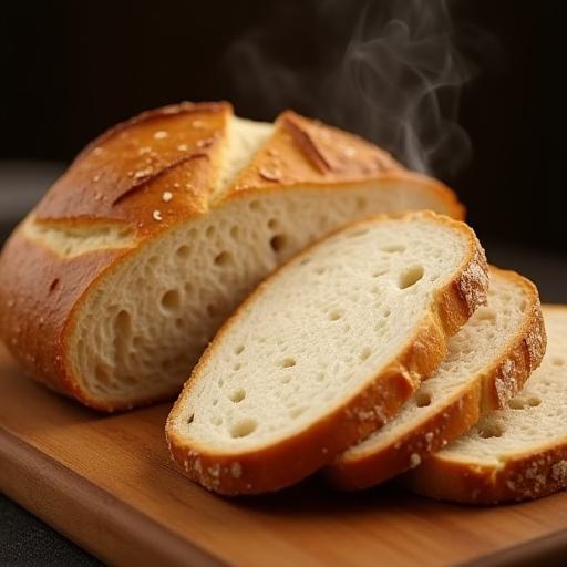 Una grande pagnotta di pane artigianale a lievitazione naturale, con una crosta dorata e croccante incisa con eleganza, accanto a fette appena tagliate che rivelano una mollica morbida e alveolata.