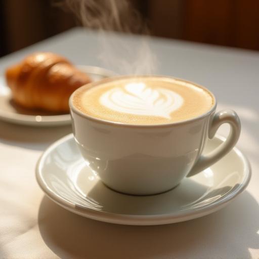 Un cappuccino perfettamente schiumoso in una tazza elegante, accompagnato da un cornetto artigianale dorato e fragrante su un piattino, che evoca l'immagine di una colazione tradizionale italiana.